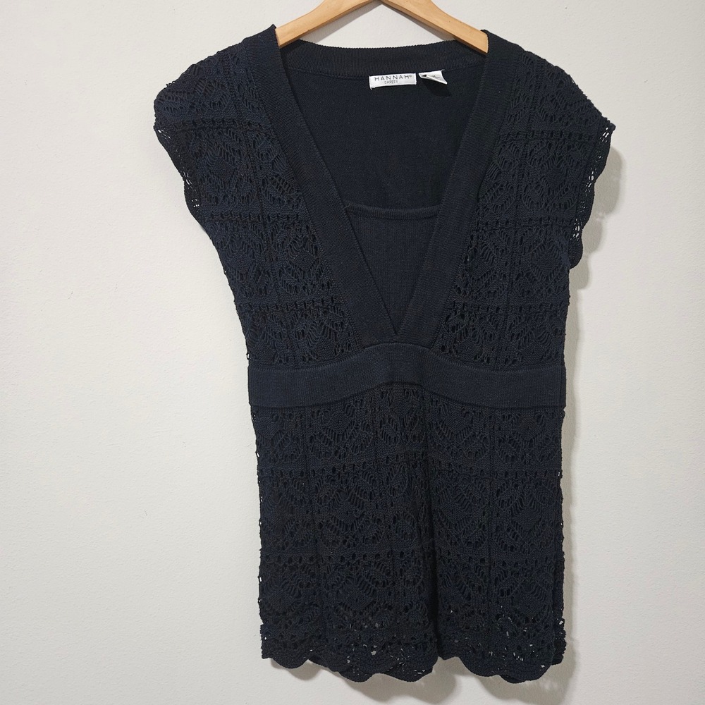Hannah Career Black Crochet Knit Top V-Neck Empire Waist 100% Cotton Medium